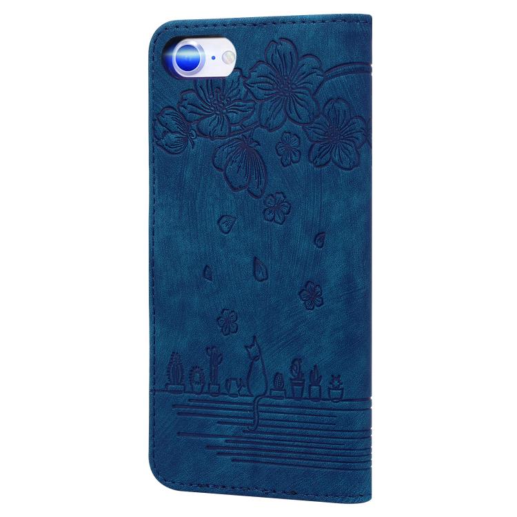 For iPhone 16e Cartoon Sakura Cat Embossed Leather Phone Case(Royal Blue) by bashfashion