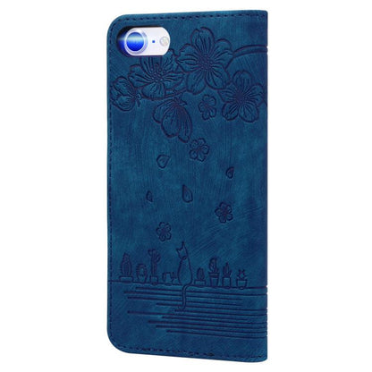For iPhone 16e Cartoon Sakura Cat Embossed Leather Phone Case(Royal Blue) by bashfashion
