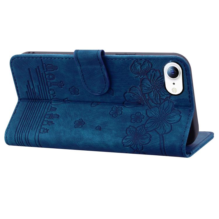 For iPhone 16e Cartoon Sakura Cat Embossed Leather Phone Case(Royal Blue) by bashfashion