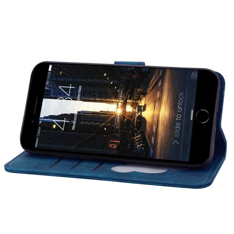 For iPhone 16e Cartoon Sakura Cat Embossed Leather Phone Case(Royal Blue) by bashfashion