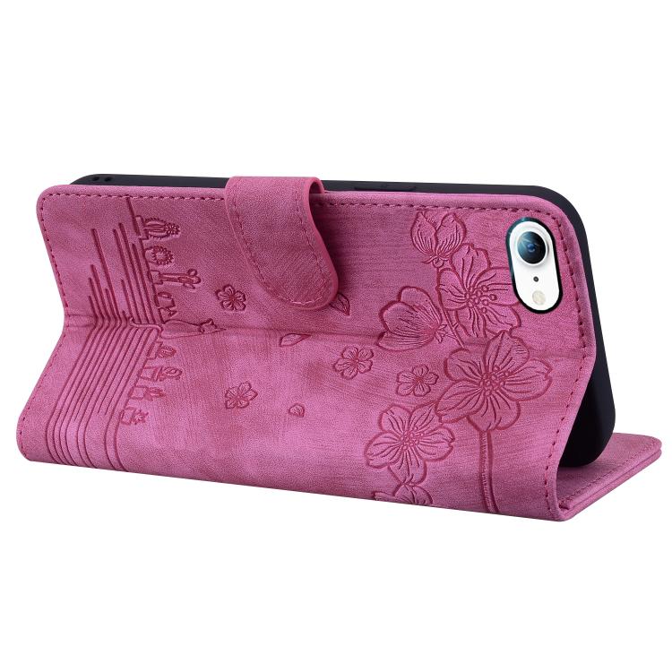 For iPhone 16e Cartoon Sakura Cat Embossed Leather Phone Case(Rose Red) by bashfashion