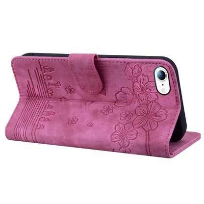 For iPhone 16e Cartoon Sakura Cat Embossed Leather Phone Case(Rose Red) by bashfashion
