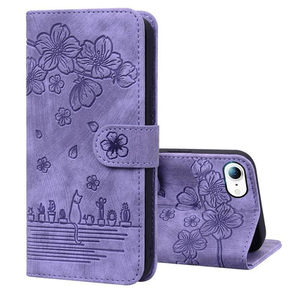 For iPhone 16e Cartoon Sakura Cat Embossed Leather Phone Case(Purple) by bashfashion