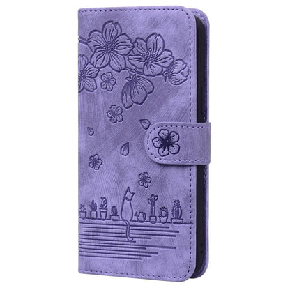 For iPhone 16e Cartoon Sakura Cat Embossed Leather Phone Case(Purple) by bashfashion