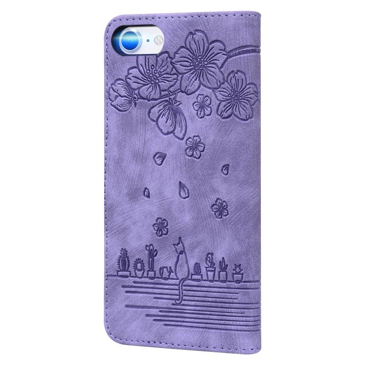 For iPhone 16e Cartoon Sakura Cat Embossed Leather Phone Case(Purple) by bashfashion