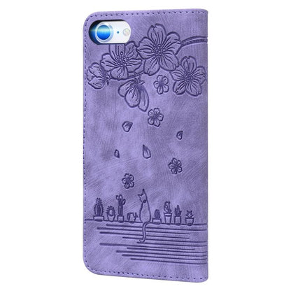 For iPhone 16e Cartoon Sakura Cat Embossed Leather Phone Case(Purple) by bashfashion