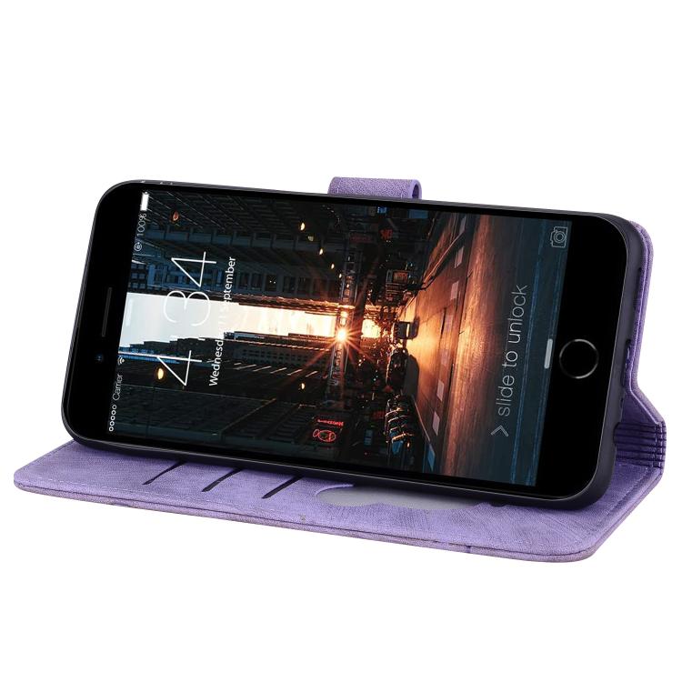 For iPhone 16e Cartoon Sakura Cat Embossed Leather Phone Case(Purple) by bashfashion