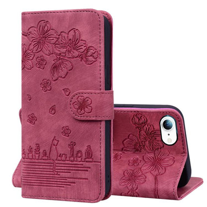 For iPhone 16e Cartoon Sakura Cat Embossed Leather Phone Case(Wine Red) by bashfashion