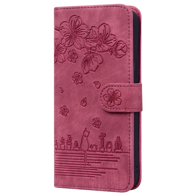 For iPhone 16e Cartoon Sakura Cat Embossed Leather Phone Case(Wine Red) by bashfashion
