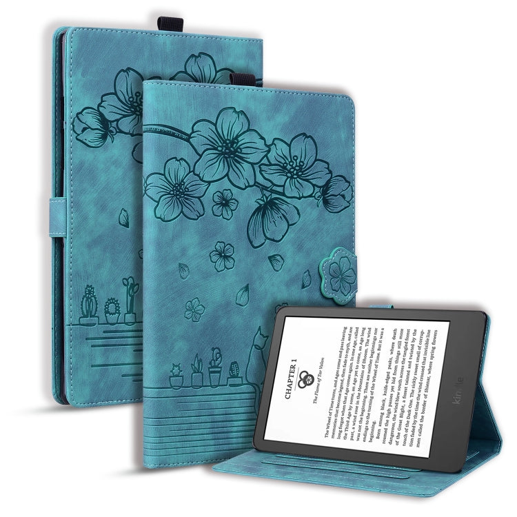 For Amazon Kindle Paperwhite 12th 2024 Cartoon Sakura Cat Embossed Leather Tablet Case(Green) by bashfashion
