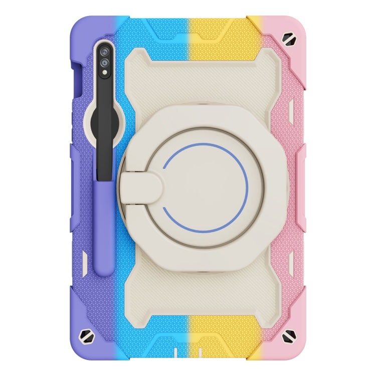 For Samsung Galaxy Tab S9 Armor Portable Rotating Ring Holder Silicone Tablet Case(Colorful Pink) by bashfashion