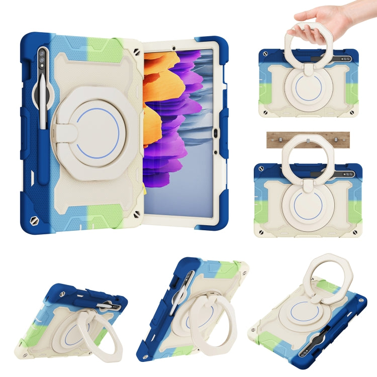 For Samsung Galaxy Tab S9 Armor Portable Rotating Ring Holder Silicone Tablet Case(Colorful Blue) by bashfashion