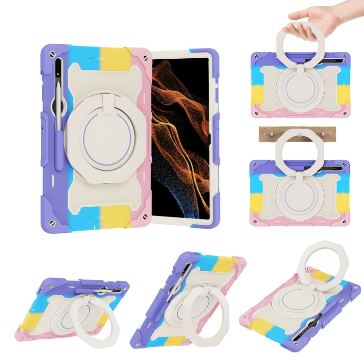 For Samsung Galaxy Tab S9 Ultra Armor Portable Rotating Ring Holder Silicone Tablet Case(Colorful Pink) by bashfashion