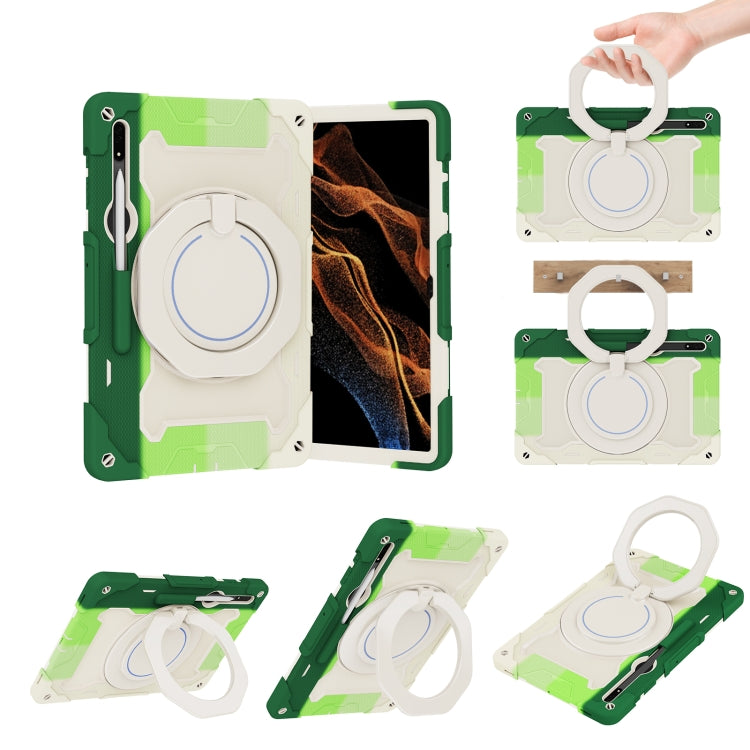 For Samsung Galaxy Tab S9 Ultra Armor Portable Rotating Ring Holder Silicone Tablet Case(Colorful Green) by bashfashion