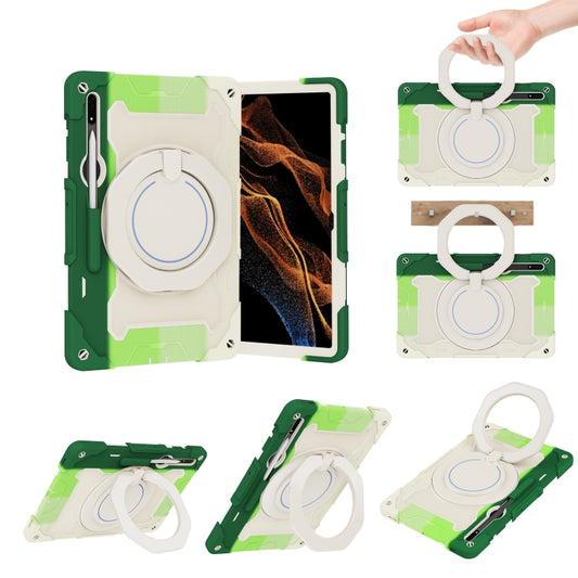 For Samsung Galaxy Tab S9 Ultra Armor Portable Rotating Ring Holder Silicone Tablet Case(Colorful Green) by bashfashion