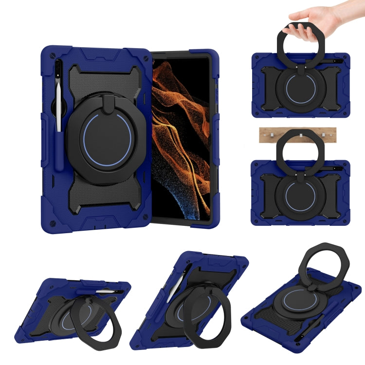 For Samsung Galaxy Tab S9 Ultra Armor Portable Rotating Ring Holder Silicone Tablet Case(Navy Blue) by bashfashion