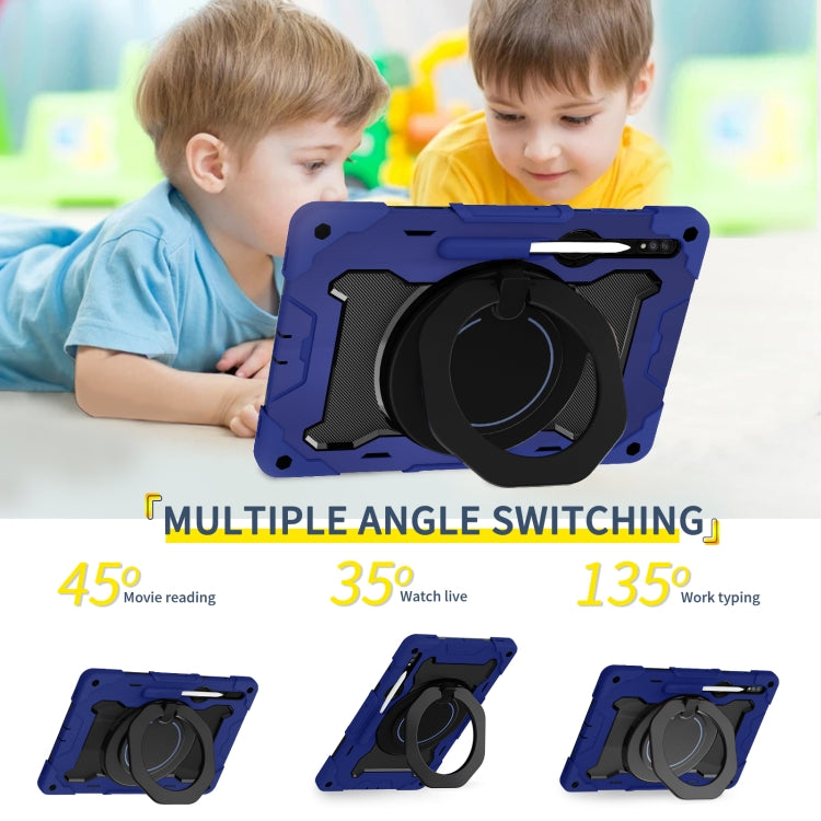 For Samsung Galaxy Tab S9 Ultra Armor Portable Rotating Ring Holder Silicone Tablet Case(Navy Blue) by bashfashion