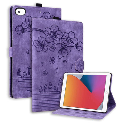 For iPad mini 5 / 4 / 3 / 2 / 1 Cartoon Sakura Cat Embossed Smart Leather Tablet Case(Purple) by bashfashion