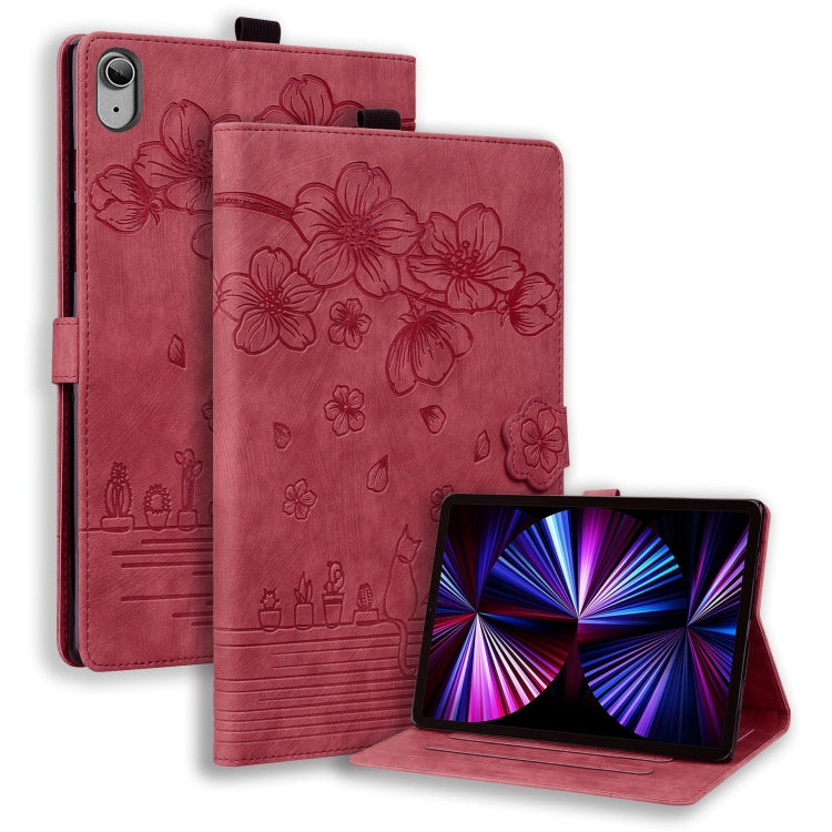 For iPad 10th Gen 10.9 2022 Cartoon Sakura Cat Embossed Smart Leather Tablet Case(Red) by bashfashion