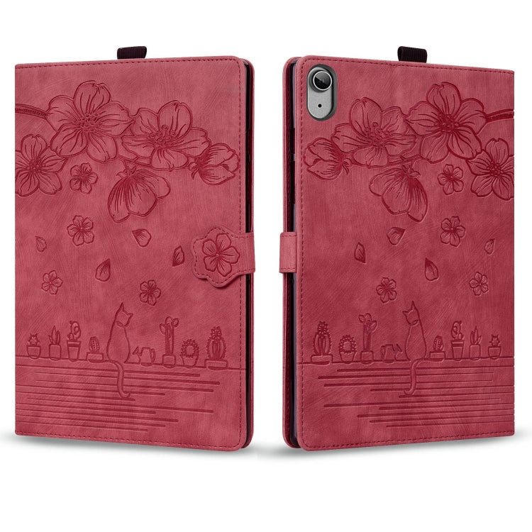 For iPad 10th Gen 10.9 2022 Cartoon Sakura Cat Embossed Smart Leather Tablet Case(Red) by bashfashion