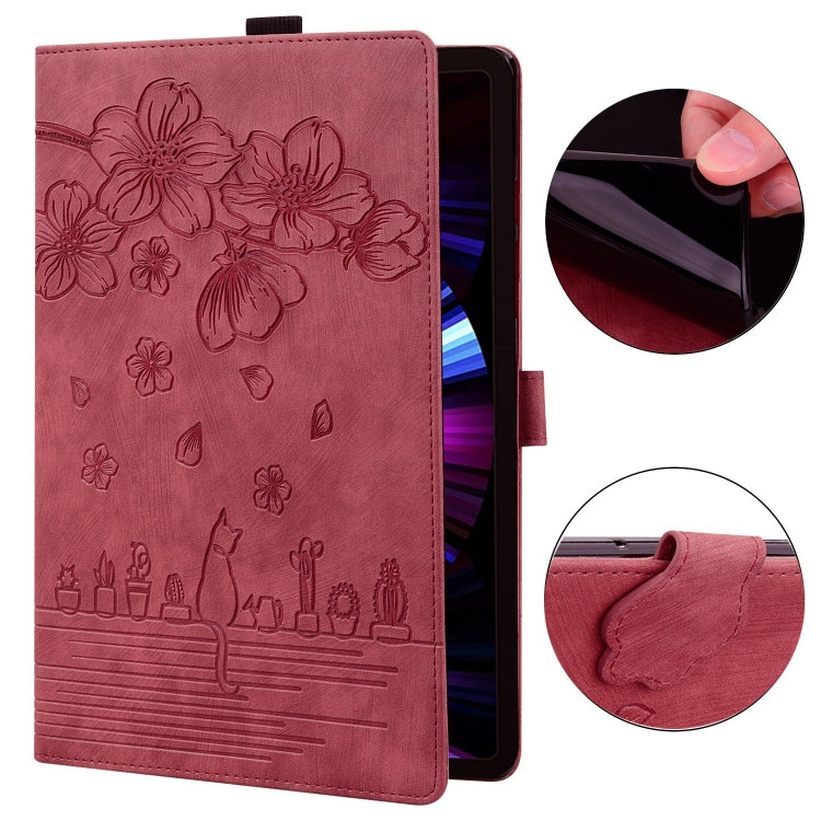 For iPad 10th Gen 10.9 2022 Cartoon Sakura Cat Embossed Smart Leather Tablet Case(Red) by bashfashion