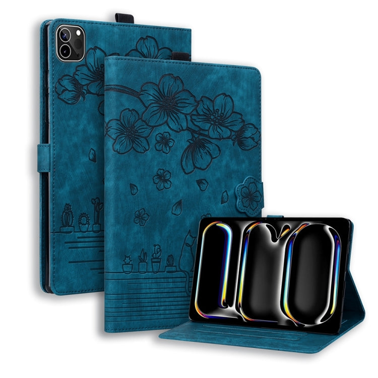 For iPad Pro 13 2025 / 2024 Cartoon Sakura Cat Embossed Smart Leather Tablet Case(Blue) by bashfashion