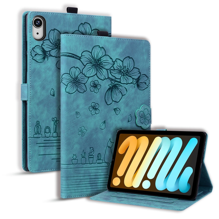 For iPad mini 6 / mini 2024 Cartoon Sakura Cat Embossed Smart Leather Tablet Case(Green) by bashfashion