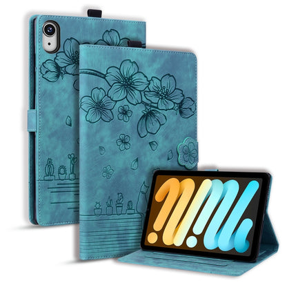 For iPad mini 6 / mini 2024 Cartoon Sakura Cat Embossed Smart Leather Tablet Case(Green) by bashfashion