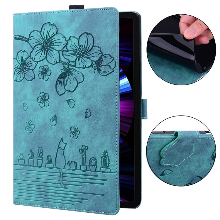 For Samsung Galaxy Tab S9+ /S8+ /S7+ Cartoon Sakura Cat Embossed Smart Leather Tablet Case(Green) by bashfashion
