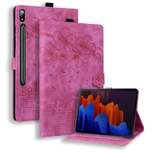 For Samsung Galaxy Tab S9+ /S8+ /S7+ Cartoon Sakura Cat Embossed Smart Leather Tablet Case(Rose Red) by bashfashion