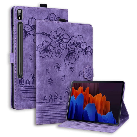 For Samsung Galaxy Tab S9+ /S8+ /S7+ Cartoon Sakura Cat Embossed Smart Leather Tablet Case(Purple) by bashfashion