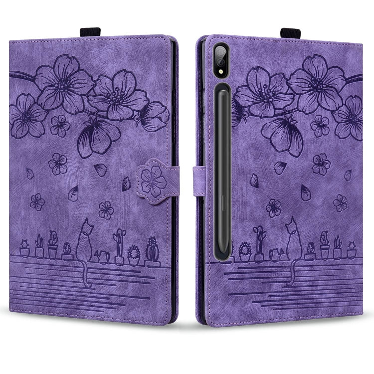 For Samsung Galaxy Tab S9+ /S8+ /S7+ Cartoon Sakura Cat Embossed Smart Leather Tablet Case(Purple) by bashfashion