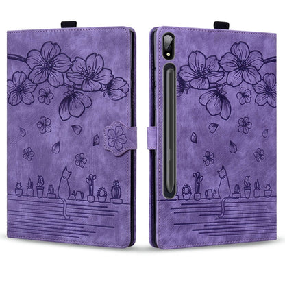 For Samsung Galaxy Tab S9+ /S8+ /S7+ Cartoon Sakura Cat Embossed Smart Leather Tablet Case(Purple) by bashfashion