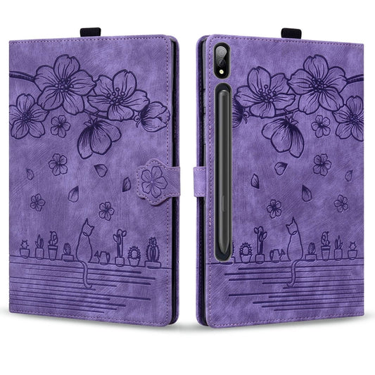 For Samsung Galaxy Tab S9+ /S8+ /S7+ Cartoon Sakura Cat Embossed Smart Leather Tablet Case(Purple) by bashfashion