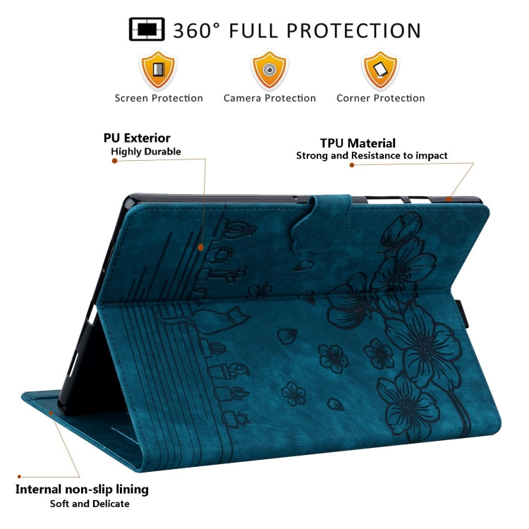 For Samsung Galaxy Tab S11 / S10 / S9 Cartoon Sakura Cat Embossed Smart Leather Tablet Case(Blue) by bashfashion