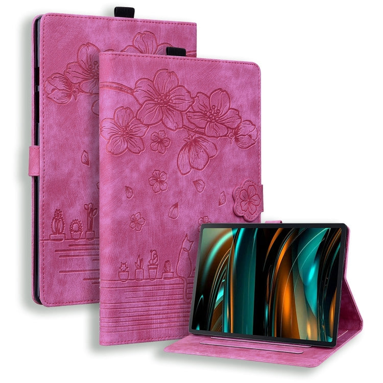 For Samsung Galaxy Tab A8 X200 Cartoon Sakura Cat Embossed Smart Leather Tablet Case(Rose Red) by bashfashion