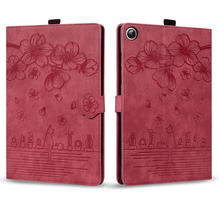 For Samsung Galaxy Tab A8 X200 Cartoon Sakura Cat Embossed Smart Leather Tablet Case(Red) by bashfashion