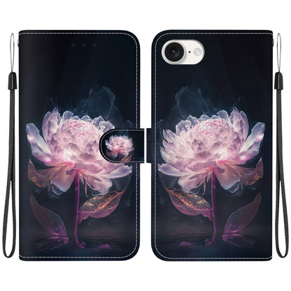 For iPhone 16e Crystal Texture Colored Drawing Leather Phone Case(Purple Peony) by bashfashion