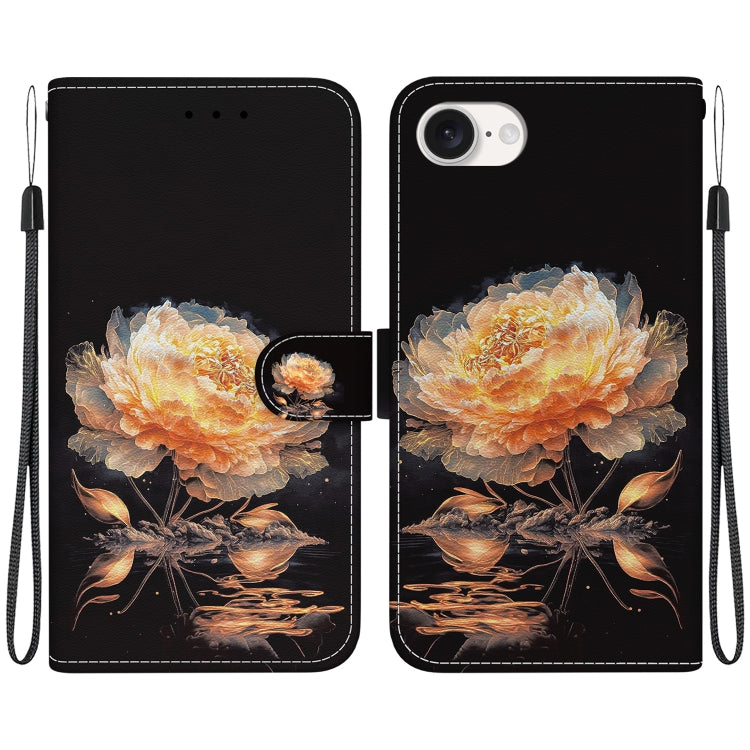 For iPhone 16e Crystal Texture Colored Drawing Leather Phone Case(Gold Peony) by bashfashion