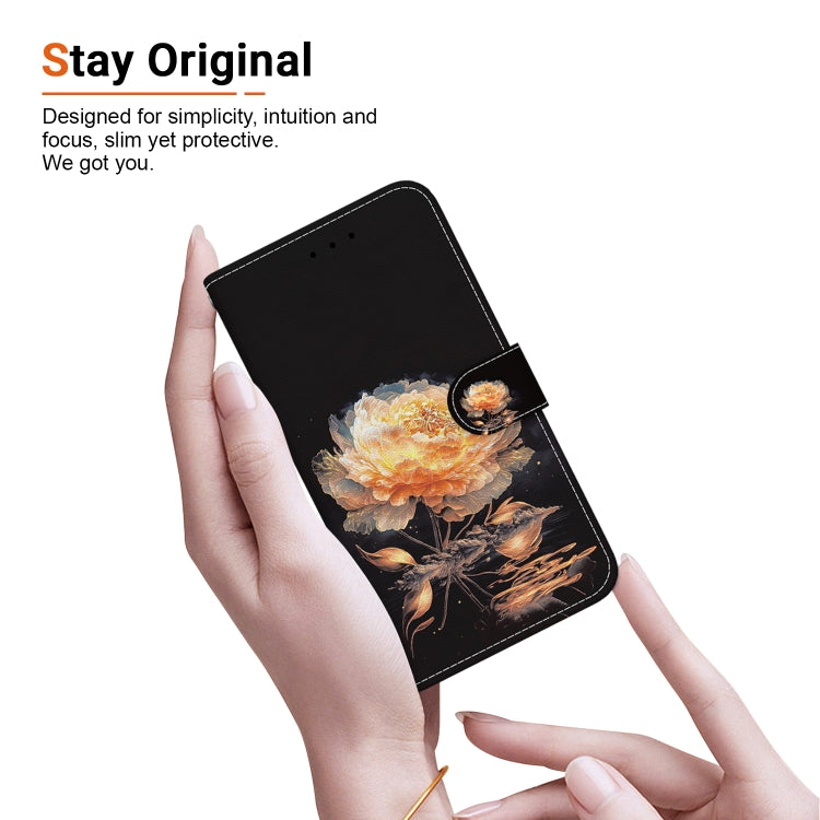 For iPhone 16e Crystal Texture Colored Drawing Leather Phone Case(Gold Peony) by bashfashion
