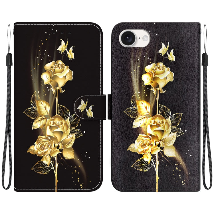 For iPhone 16e Crystal Texture Colored Drawing Leather Phone Case(Gold Butterfly Rose) by bashfashion