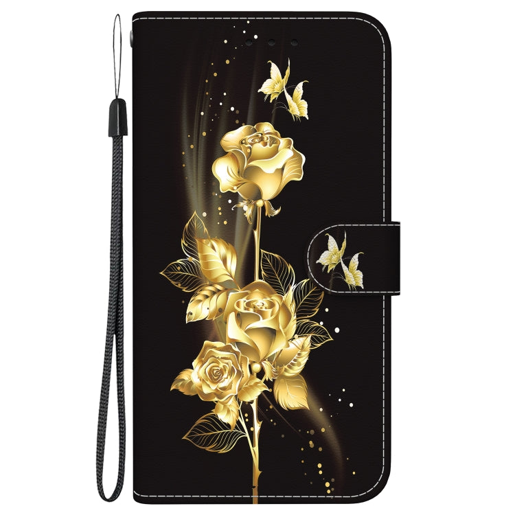 For iPhone 16e Crystal Texture Colored Drawing Leather Phone Case(Gold Butterfly Rose) by bashfashion