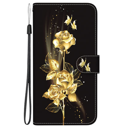 For iPhone 16e Crystal Texture Colored Drawing Leather Phone Case(Gold Butterfly Rose) by bashfashion