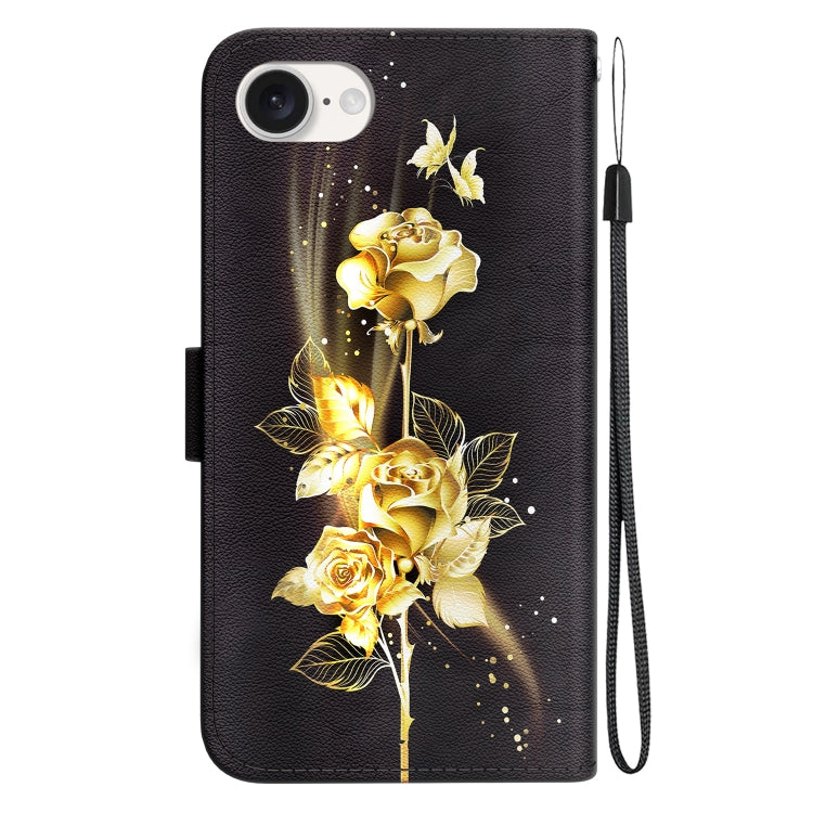 For iPhone 16e Crystal Texture Colored Drawing Leather Phone Case(Gold Butterfly Rose) by bashfashion