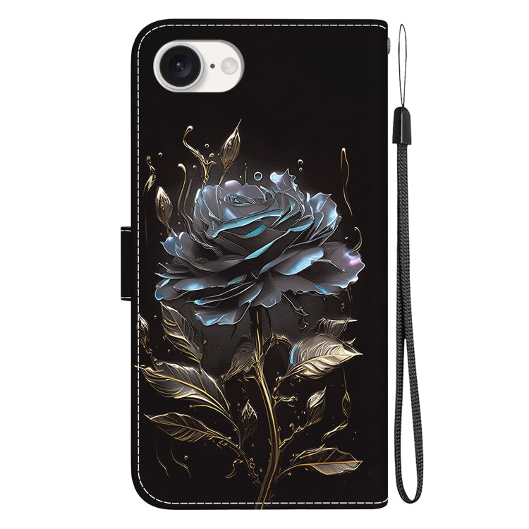 For iPhone 16e Crystal Texture Colored Drawing Leather Phone Case(Black Rose) by bashfashion