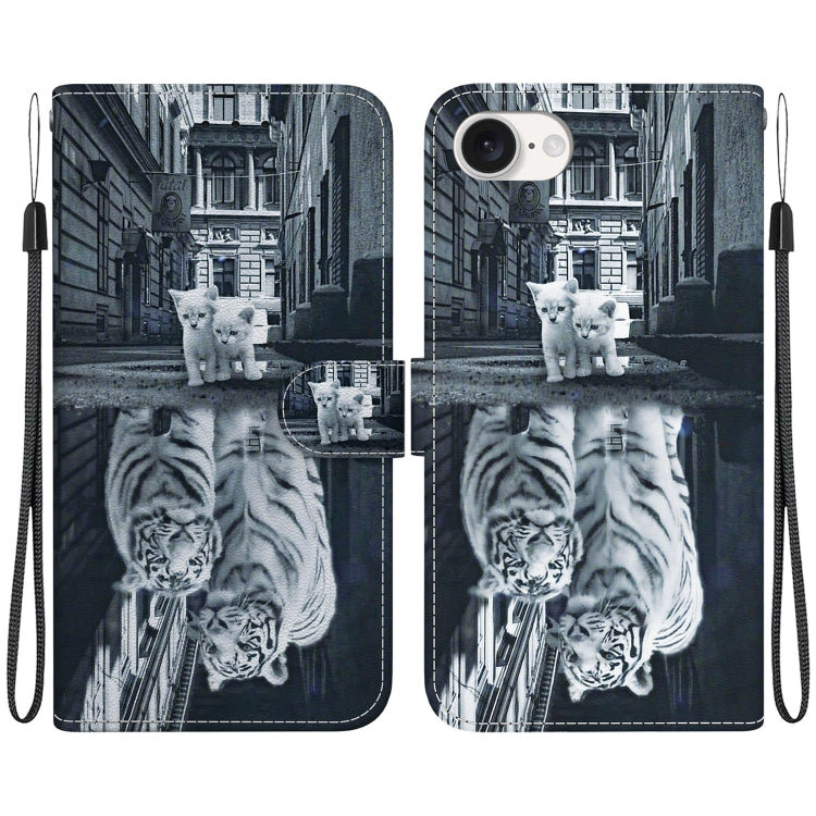 For iPhone 16e Crystal Texture Colored Drawing Leather Phone Case(Cat Tiger Reflection) by bashfashion