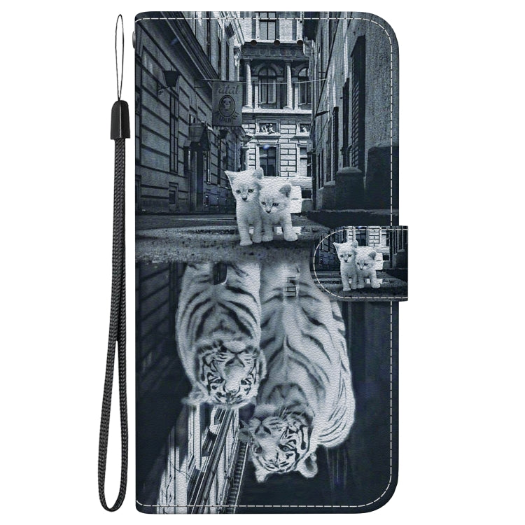 For iPhone 16e Crystal Texture Colored Drawing Leather Phone Case(Cat Tiger Reflection) by bashfashion