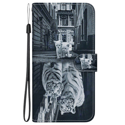 For iPhone 16e Crystal Texture Colored Drawing Leather Phone Case(Cat Tiger Reflection) by bashfashion