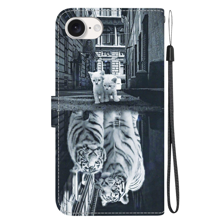 For iPhone 16e Crystal Texture Colored Drawing Leather Phone Case(Cat Tiger Reflection) by bashfashion