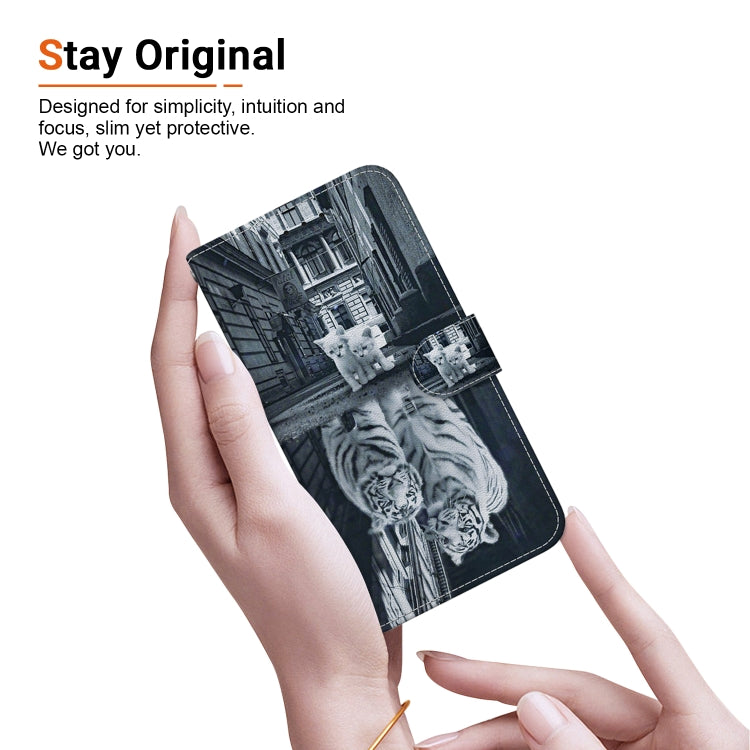 For iPhone 16e Crystal Texture Colored Drawing Leather Phone Case(Cat Tiger Reflection) by bashfashion